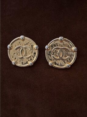 1980s Gold Plated CHANEL Gold CC Round Medallion Earrings